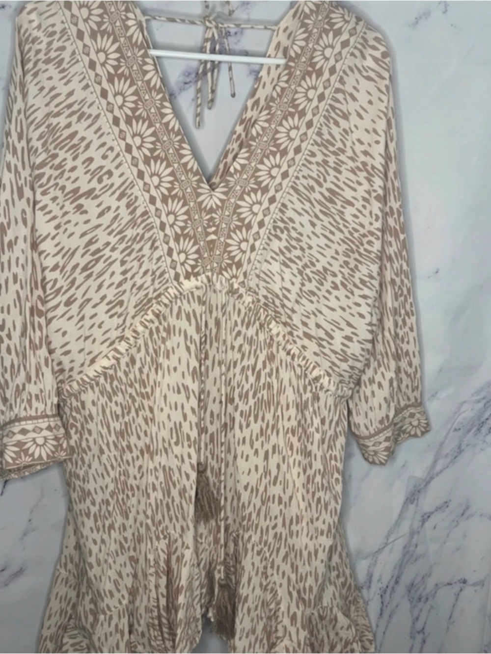 O'Neill Cream and Taupe Printed V-Neck Boho Dress